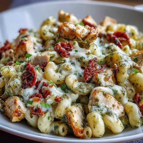 Steam rises from a creamy bowl of Pesto Chicken Chili Mac, garnished with fresh basil and extra Parmesan cheese.