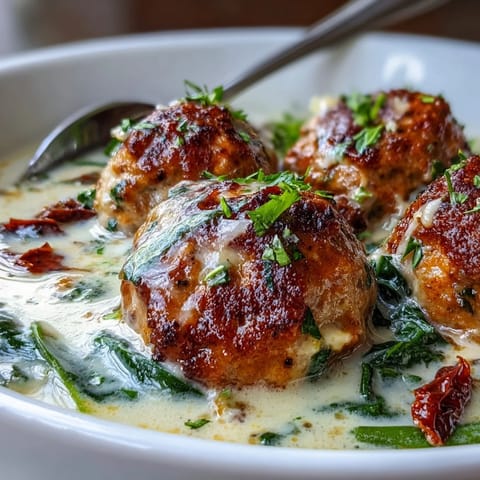 Creamy Tuscan Turkey Meatball Soup features golden meatballs in garlic Parmesan broth with sun-dried tomatoes.
