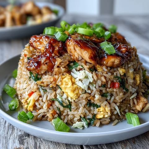 Egg Roll Fried Rice with Chicken served hot in a skillet, garnished with green onions and a drizzle of sesame oil.
