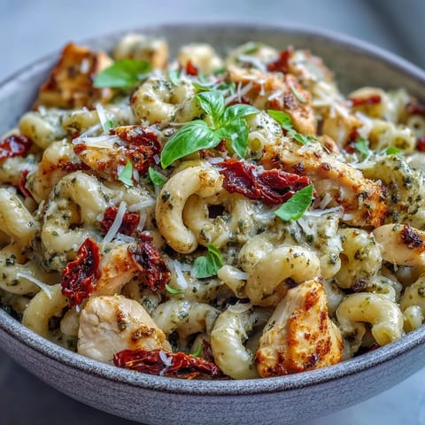 Creamy Pesto Chicken Chili Mac served hot in a bowl, topped with melted mozzarella and fresh basil.