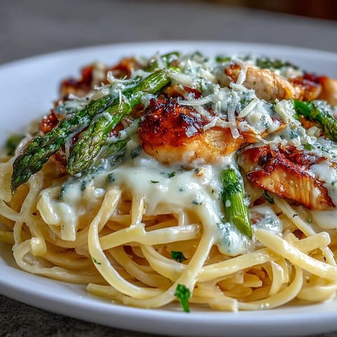 Creamy Asiago Chicken & Asparagus Pasta features golden roasted asparagus and tender chicken pieces tossed in a glossy, rich white sauce.