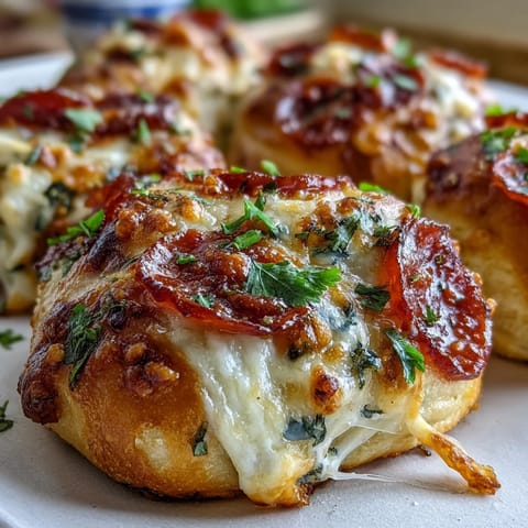 Freshly baked Pizza Roll Stuffed Garlic Knots, golden brown and drizzled with garlic butter, sit on a cooling rack.