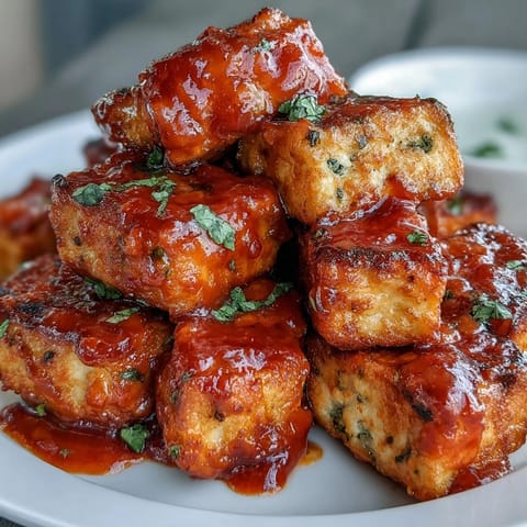 Golden-brown tofu tossed in spicy buffalo sauce, paired with crisp romaine lettuce and tangy Caesar dressing for a vibrant, hearty meal.  