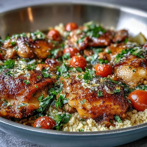 Garlic butter chicken breasts served over lemony couscous with cherry tomatoes and peas in a quick one-pan dinner.  