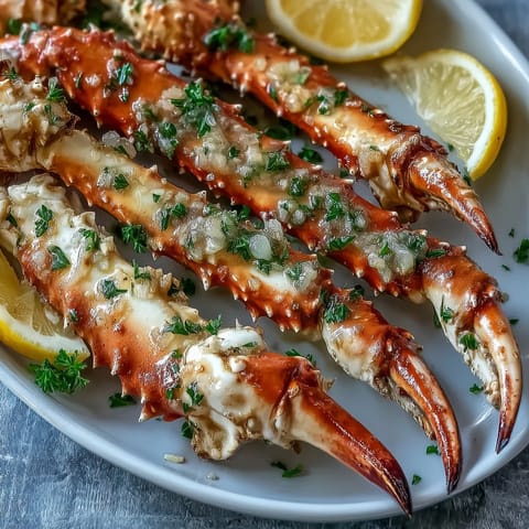Golden-baked crab legs coated in aromatic garlic butter, served with bright lemon slices for a keto-friendly seafood feast.  