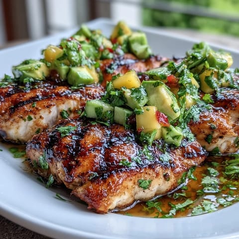 Grilled chicken with mango avocado salsa, a colorful summer dish featuring smoky chicken and sweet, creamy tropical salsa.  