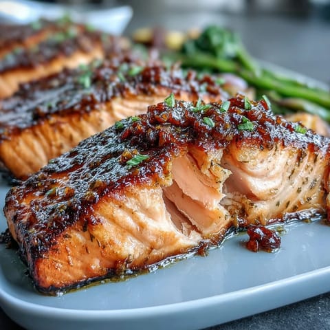 Easy one-pan dinner of Dijon-glazed salmon fillets nestled among roasted broccoli, cherry tomatoes, and bell peppers for a healthy, flavorful meal.  