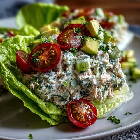 Fresh tuna salad lettuce cups filled with creamy protein-rich tuna and crisp veggies, perfect for a healthy lunch.
