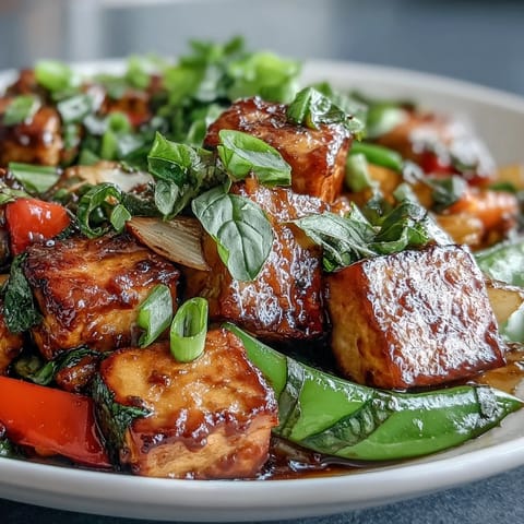 Vibrant Vegan Thai Basil Tofu Stir-Fry with crisp veggies and aromatic basil in a savory sauce.