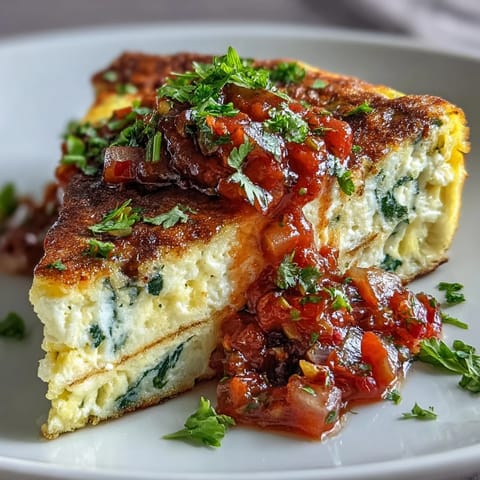 Fluffy egg white omelette filled with fresh spinach, bell peppers, and zucchini, topped with zesty homemade salsa.  