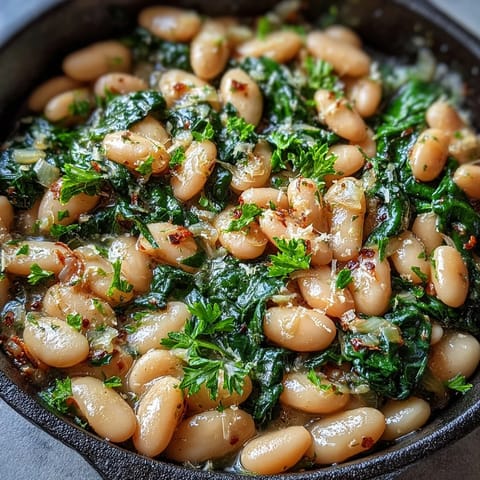 Vibrant vegan lemon garlic white bean skillet with spinach, a one-pan Mediterranean meal bursting with fresh flavors and plant-based protein.