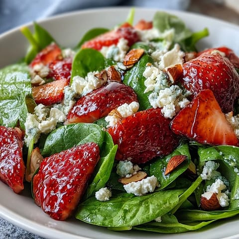 Fresh strawberry spinach salad with feta and toasted almonds, a colorful mix of sweet berries, tender greens, and crunchy nuts.  