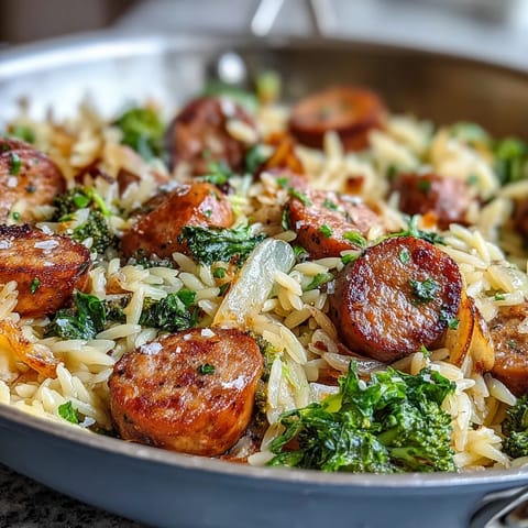 One-pan chicken sausage broccoli orzo with golden sausage, tender pasta, and bright lemon zest for a quick weeknight dinner.  