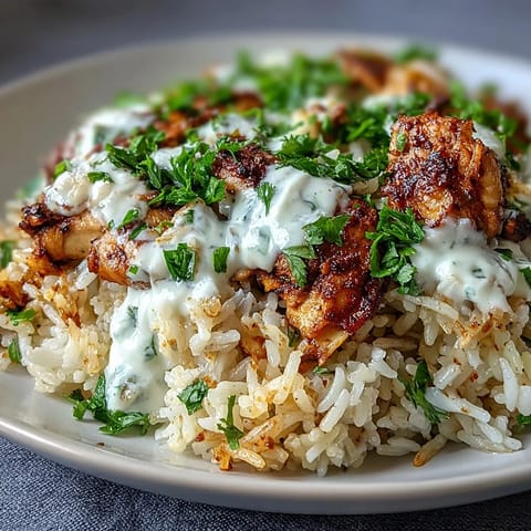 Aromatic Middle Eastern spiced chicken and rice cooked together in a single pot, garnished with fresh parsley and creamy yogurt drizzle.  
