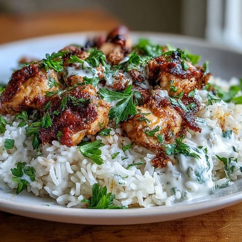 One Pot Shawarma Chicken and Rice with tender chicken thighs and fragrant basmati rice, topped with zesty yogurt sauce.  