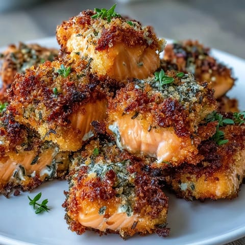 Crispy panko-crusted salmon bites baked golden, perfect for appetizers or quick dinners with dipping sauces.