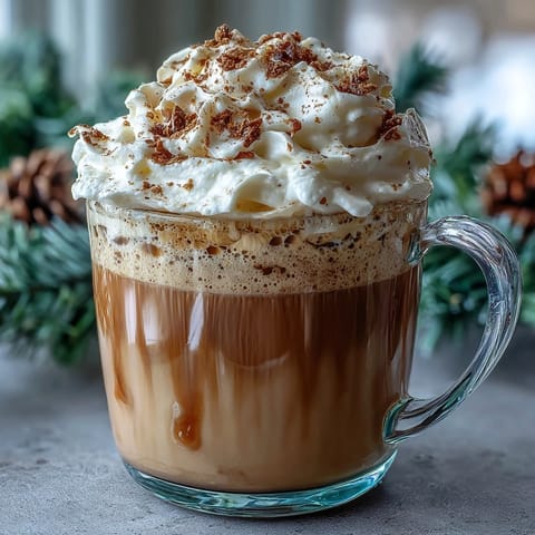 Festive homemade chai latte featuring aromatic cinnamon, cardamom, and cloves, topped with fluffy spiced whipped cream.  