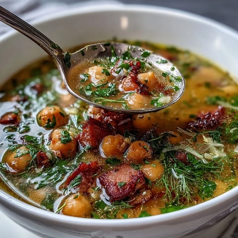 Creamy chickpea soup with tender ham, zesty lemon, and aromatic dill, served hot.