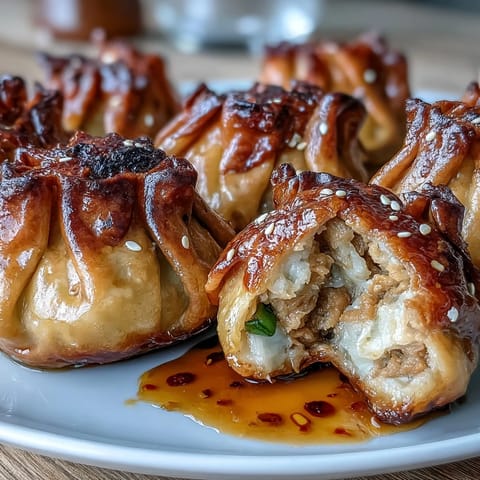 Crispy air-fried pork dumplings golden and hot, served with spicy chili oil for a bold, savory Asian appetizer.  