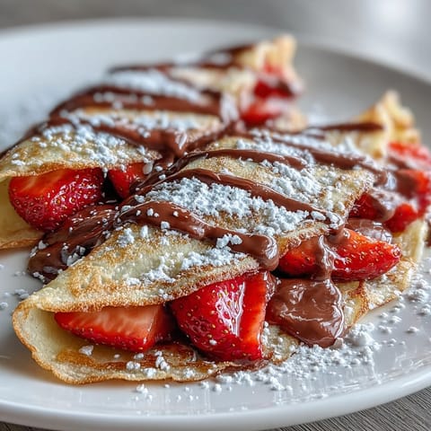 Golden crêpes layered with rich Nutella and fresh strawberries, ideal for a Galentine's Day brunch celebration.