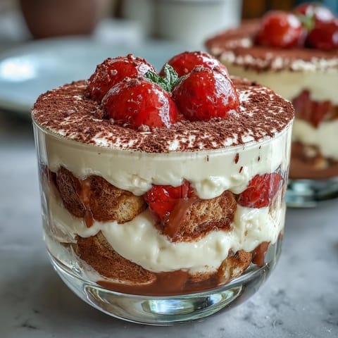 Romantic strawberry tiramisu dessert cups featuring fluffy mascarpone filling, juicy macerated strawberries, and coffee-dipped ladyfingers in individual servings.
