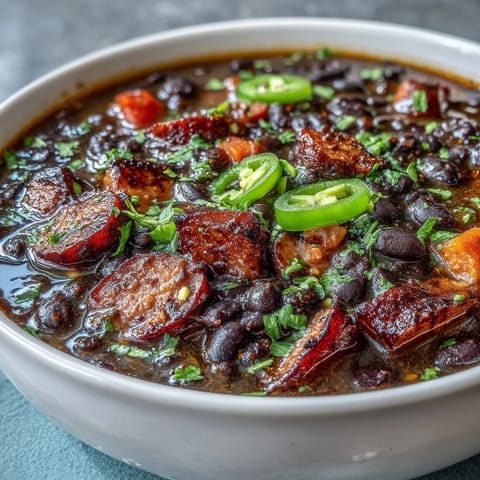 A spicy winter soup featuring black beans, diced ham, and jalapeños, garnished with fresh cilantro and lime wedges.  