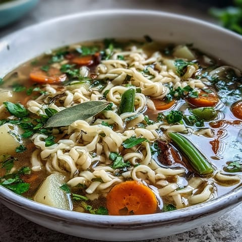 A steaming bowl of simple vegetable noodle soup, brimming with carrots, celery, and tender noodles in a savory broth.  