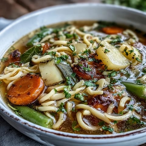 Cozy vegetable noodle soup with hearty potatoes, green beans, and fresh herbs, perfect for chilly winter evenings.  