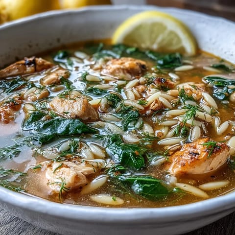Hearty lemon chicken orzo soup with vibrant spinach, diced carrots, and a citrusy aroma, served hot and comforting.
