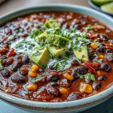 Hearty black bean and corn chili topped with tangy lime crema and fresh cilantro.  