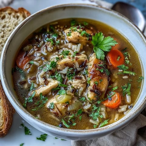 Creamy chicken and wild rice soup with sweet carrots, aromatic herbs, and nutty wild rice for ultimate comfort.  