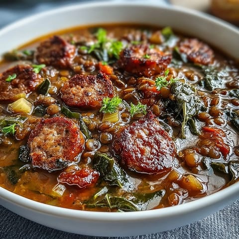 Hearty bowl of Spicy Sausage and Lentil Soup with Kale, featuring tender lentils, savory sausage, and wilted greens in a rich tomato broth.