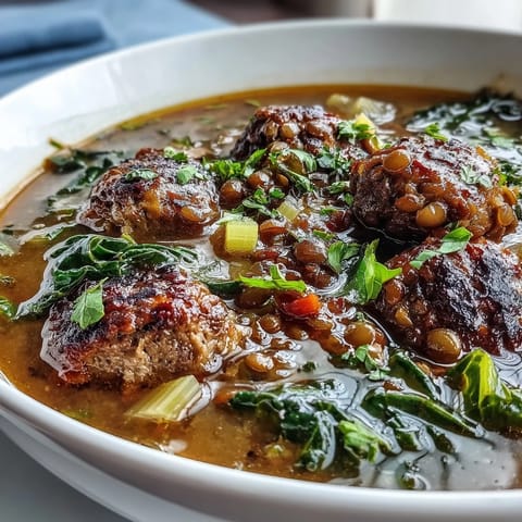 Spicy Sausage and Lentil Soup with Kale in a rustic bowl, garnished with fresh herbs and served with crusty bread.