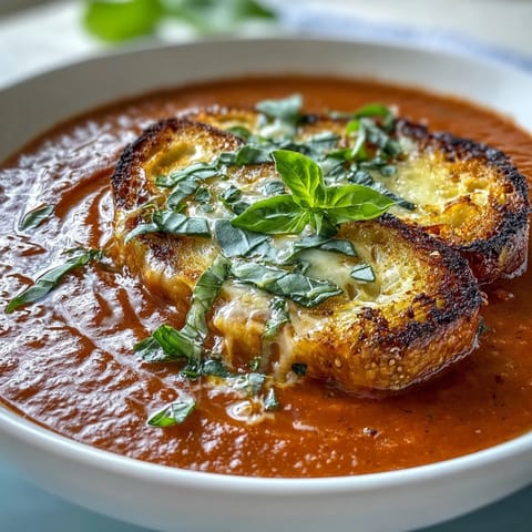 Creamy Tomato Basil Soup with Sourdough Dippers served in a rustic bowl, garnished with fresh basil leaves and golden bread strips.  