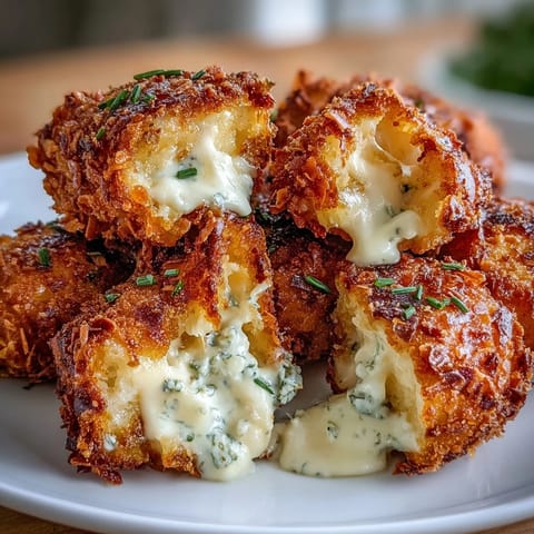Funeral potatoes croquettes in the air fryer, golden and crispy with melted cheddar and green onions inside.  