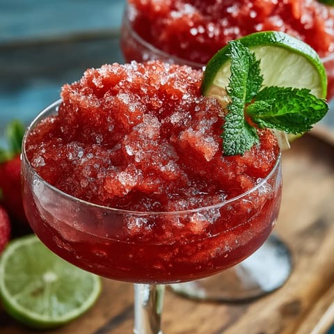 Vibrant frozen strawberry daiquiri mocktail served with zesty lime sugar rim, garnished with mint and lime wheels.  