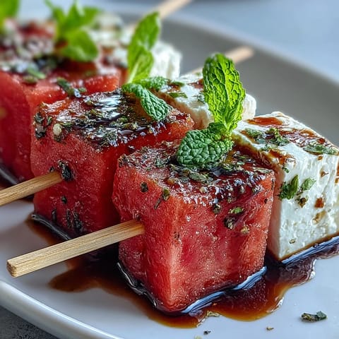 Colorful summer appetizer featuring juicy watermelon, creamy feta, and fresh mint arranged on skewers.  