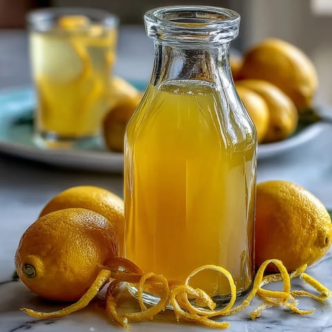 Vibrant yellow limoncello liqueur in a glass bottle, infused with fresh lemon peels for authentic Italian flavor.