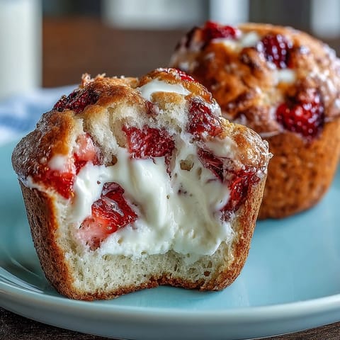 Delicious strawberry cream cheese muffins with fresh berries and rich cheesecake swirls, baked to golden perfection.