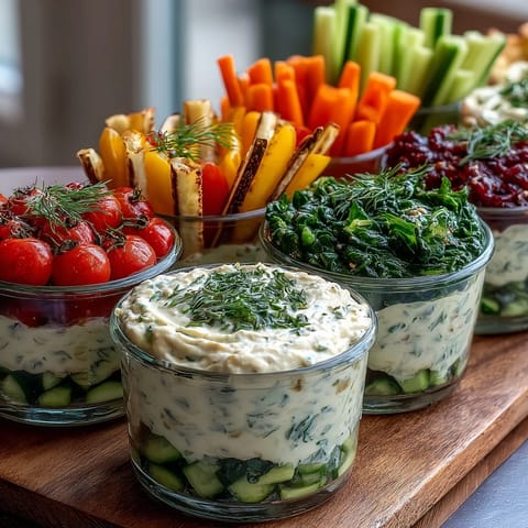 Colorful summer veggie cups filled with cherry tomatoes, cucumber, and peppers, paired with creamy ranch Greek yogurt dip.  