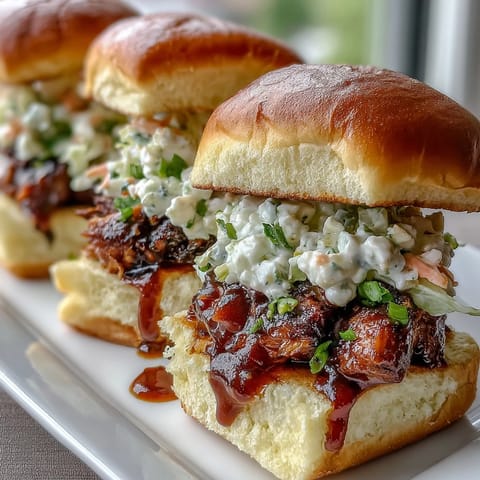 Smoky slow-cooked pork shoulder piled high on soft buns, topped with crunchy coleslaw for a crowd-pleasing bite.  