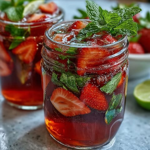 Refreshing non-alcoholic strawberry mint mocktail pitcher, bursting with ripe berries and cooling herbs, perfect for sunny afternoons.