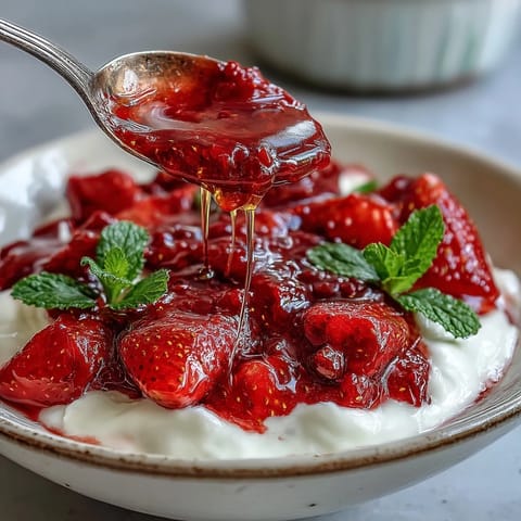 Creamy Greek yogurt topped with vibrant strawberry compote and a drizzle of honey for a refreshing, protein-rich breakfast or dessert.