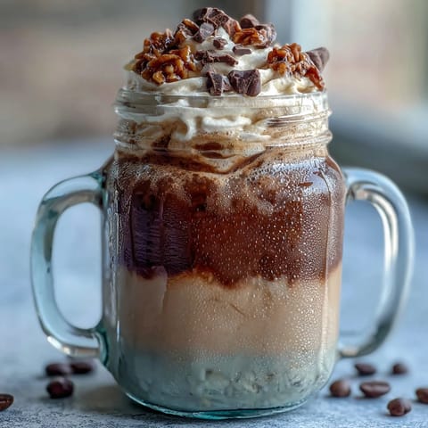 Creamy vanilla bean frappuccino overnight oats with coffee swirls and whipped cream topping in a glass jar, perfect for a refreshing breakfast.