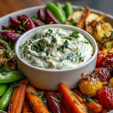 Vibrant spring vegetable board with radishes, peas, and herb dip, perfect for a fresh appetizer spread.