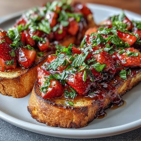 Fresh strawberry bruschetta with balsamic and mint served on golden toasted baguette slices for a vibrant summer appetizer.