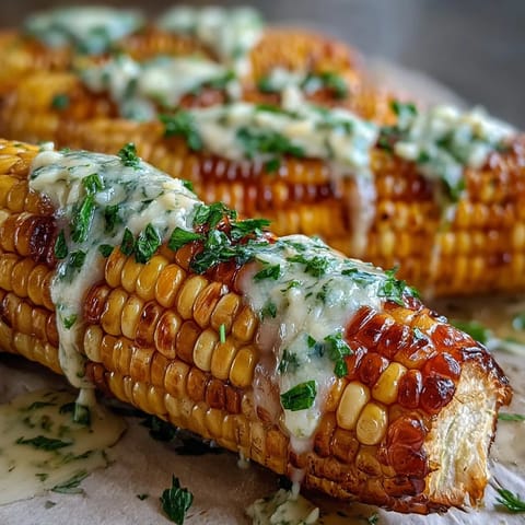 Microwave corn on the cob with garlic butter, golden and glistening, ready to serve with a pat of melted herb butter.