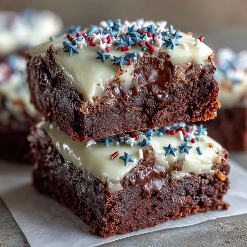 Red, white, and blue decorated brownie bites topped with sparkler picks for Independence Day.  