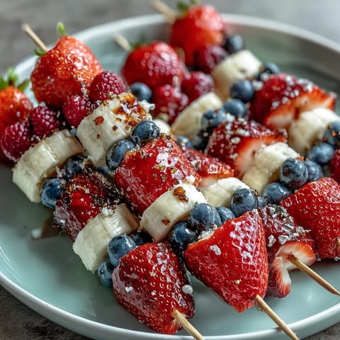 Festive Fourth of July fruit skewers with strawberries, bananas, and blueberries in patriotic colors, perfect for summer parties.
