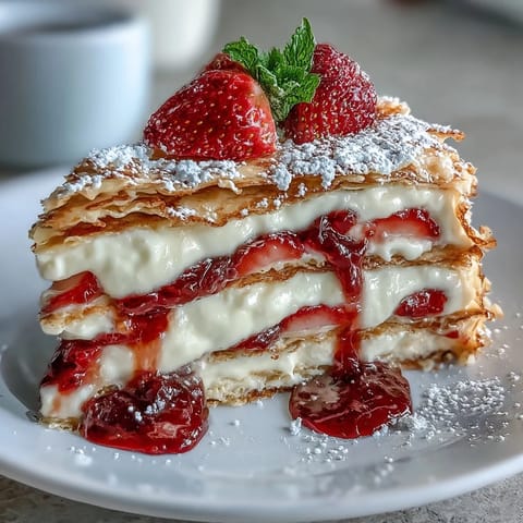 A tall, elegant strawberry crepe cake with delicate layers of vanilla cream and fresh berries, dusted with powdered sugar.
